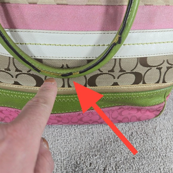 Coach Stripe Signature Monogram Purse Canvas Leather Tote Bag Pink Green - Picture 3 of 16